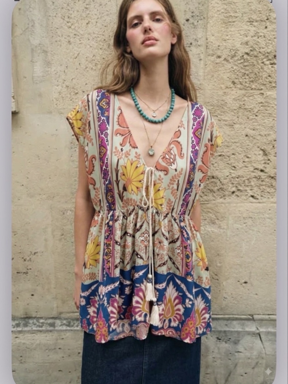 NEW ZARA floral blouse top Boho Tassel Moroccan Bohemian Large L